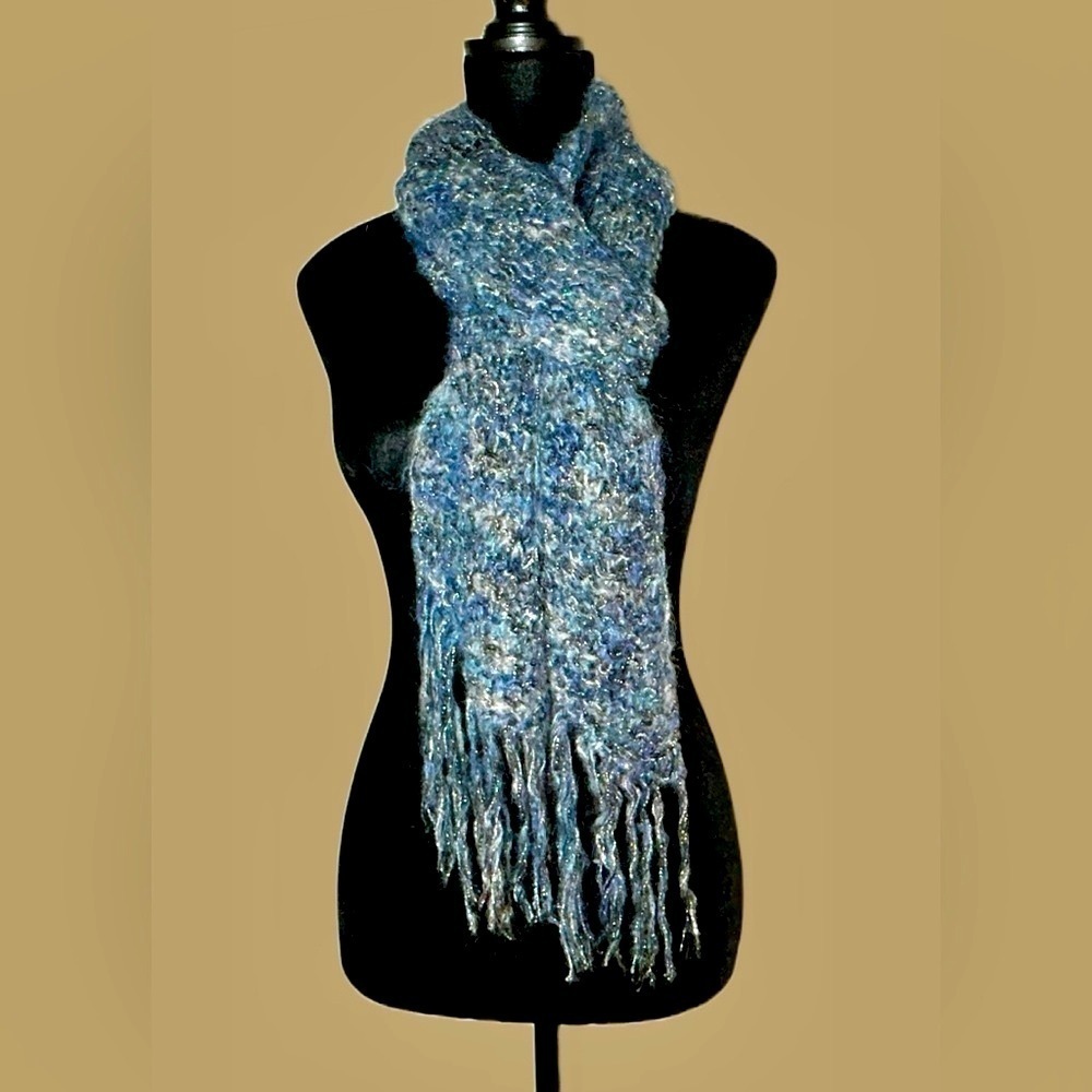 NEW Boutique Hand-Knitted Super Soft & Cozy Blue & Gray Scarf w/ Tasseled Fringe